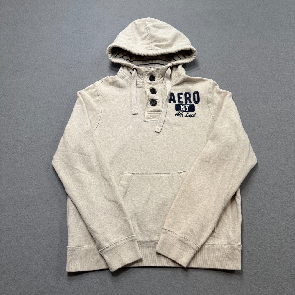 Aeropostale Hoodie Men's Large Beige Henley Fleece Lined Pullover Sweatshirt Y2K